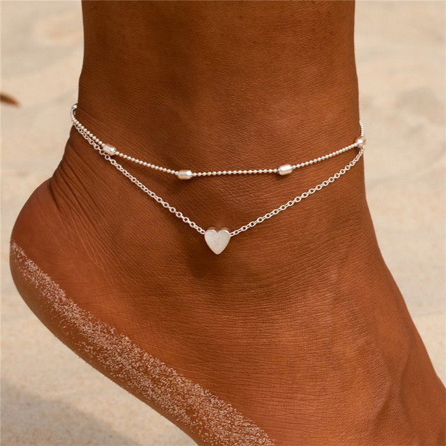 Womens Double Layer Ankle Bracelet with Heart Pendant